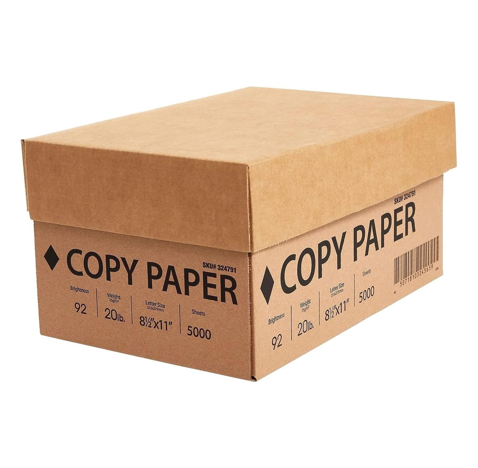 8.5 x 11 Copy Paper, 20 lb, 92 Brightness, 5000 Sheets/Carton (324791)