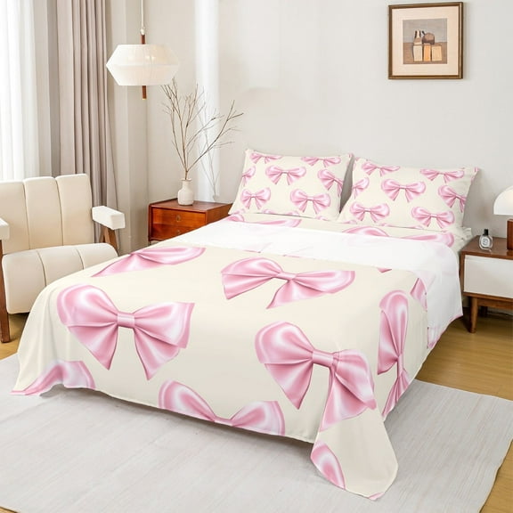 Manfei Dreamy Bowknot Twin Sheet Sets, Yellow Pink Bed Sheets Twin, Princess Ribbon Bedding Sets Twin Size, Breathable Bedroom Decorative, 3pcs