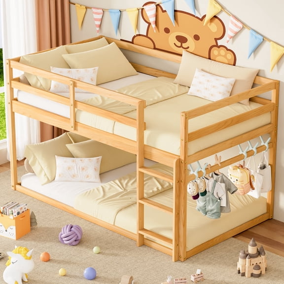 Guqiart Solid Wood Twin Over Twin Low Floor Bunk Bed with Ladder and Full Guardrails, Natural
