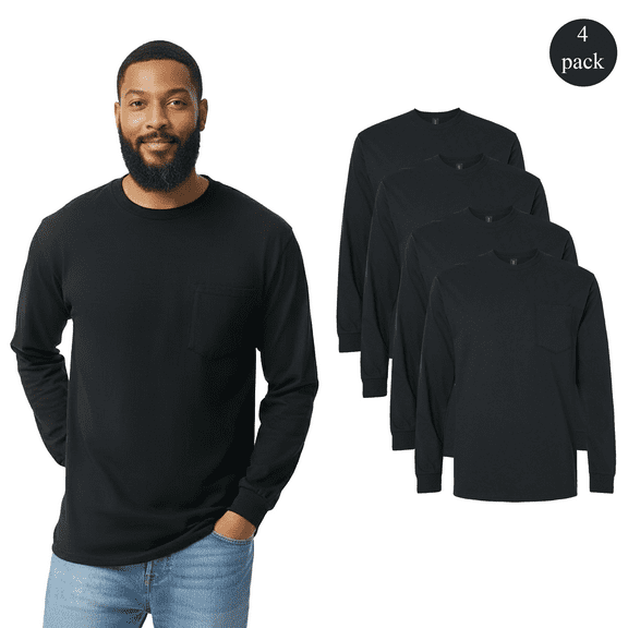 Gildan Men’s Pocket T-Shirt, Crewneck 100% Cotton Black Pocket Tee, 4 Pack Casual Shirt, S