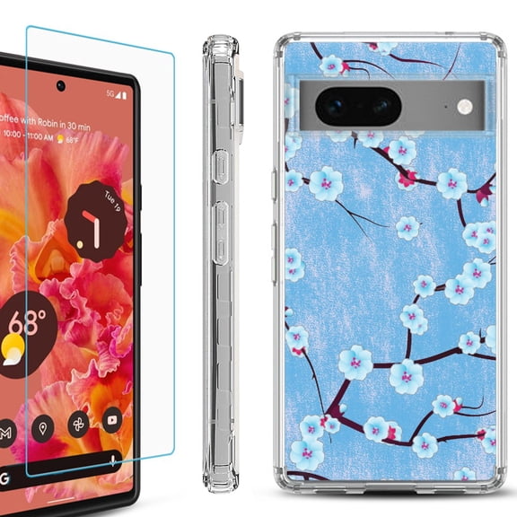 OneToughShield ® for Google Pixel 7a Shockproof Bumper Phone Case, with Tempered Glass Screen Protector - Blossom Sky