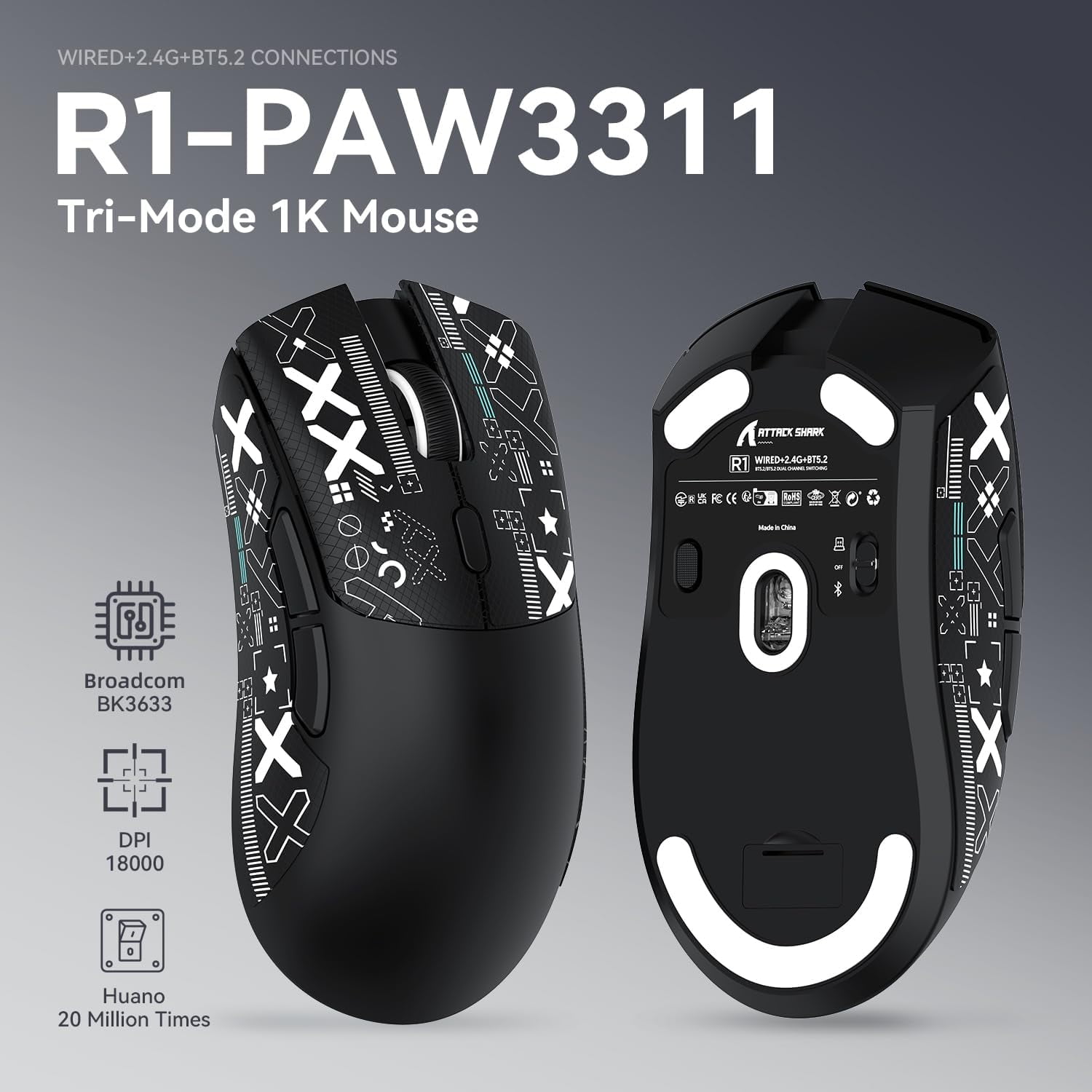 ATTACK SHARK R1 59g SUPERLIGHT Gaming Mouse with Tape, PixArt PAW3311 Gaming Sensor, BT/2.4G Wireless/Wired