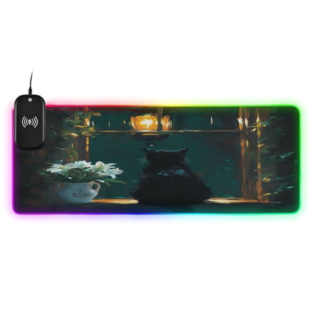Cat Window Large RGB Gaming Mouse Pad with Fast Wireless Charging, 31.5''x11.8''