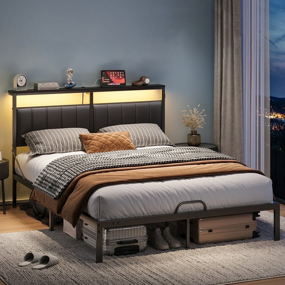 Bestier Full Bed Frame with Upholstered Headboard, LED Lights & Power Outlet | Modern Platform Metal Bed, No Box Spring Required, Black