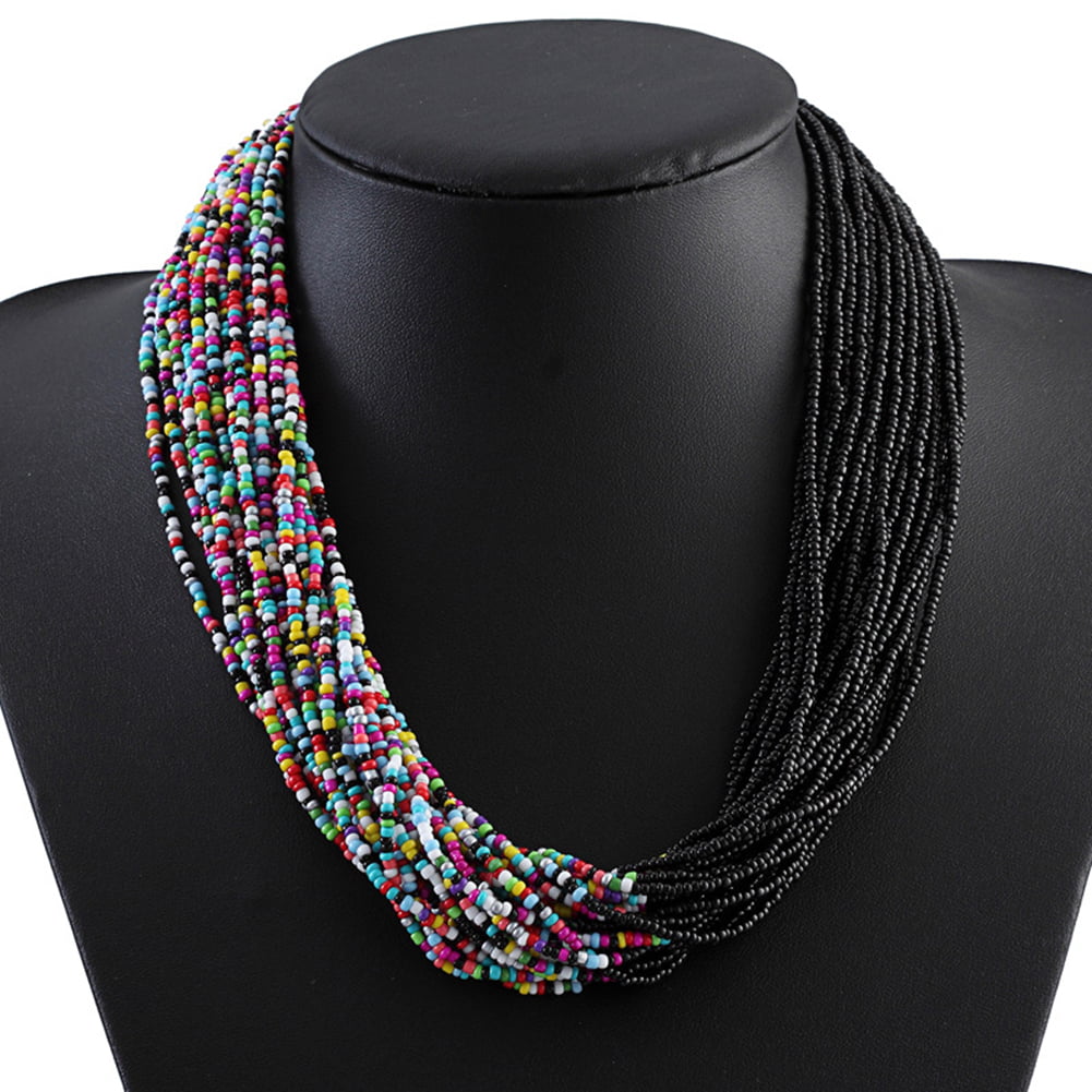 Bocar Multi-Layer Long Chain Chunky Bib Seed Beads Statement Necklace 
