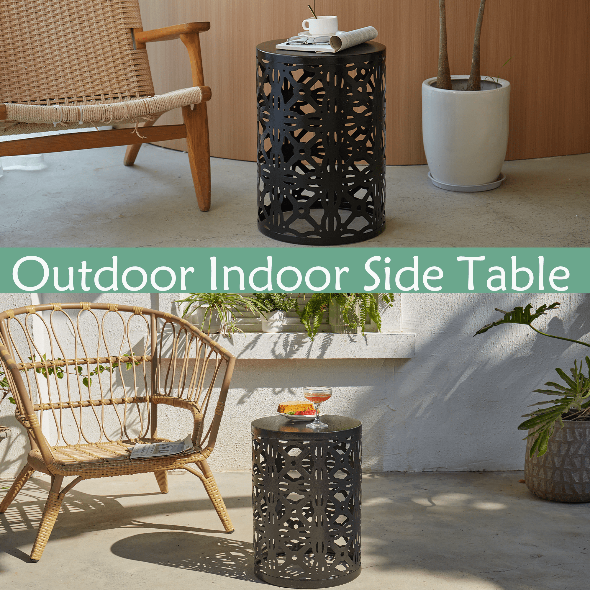 Y&M Set of 3 Garden Black Accent Decorative Stool, Nesting Metal Round Coffee Table, Black End Tables, Heavy Duty Meta Plant Stand Decorative Garden Stool, Outdoor Multifunctional Use