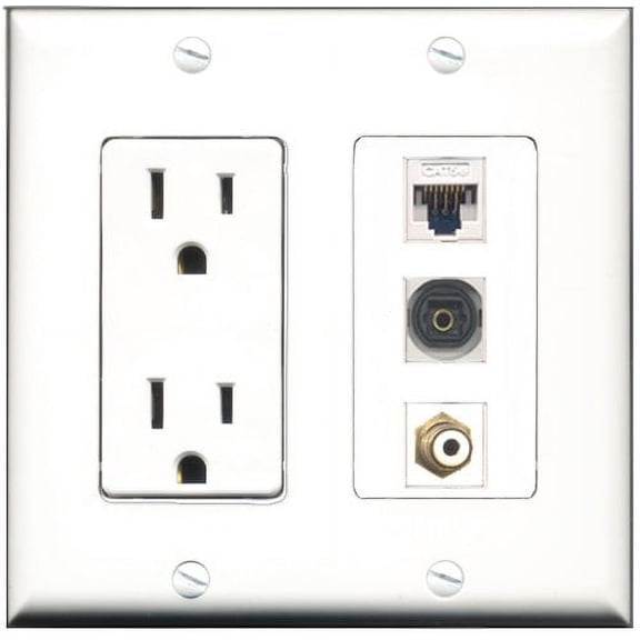 RiteAV - 15 Amp Power Outlet 1 Port RCA White 1 Port Toslink 1 Port Cat5e Ethernet White Decorative Wall Plate