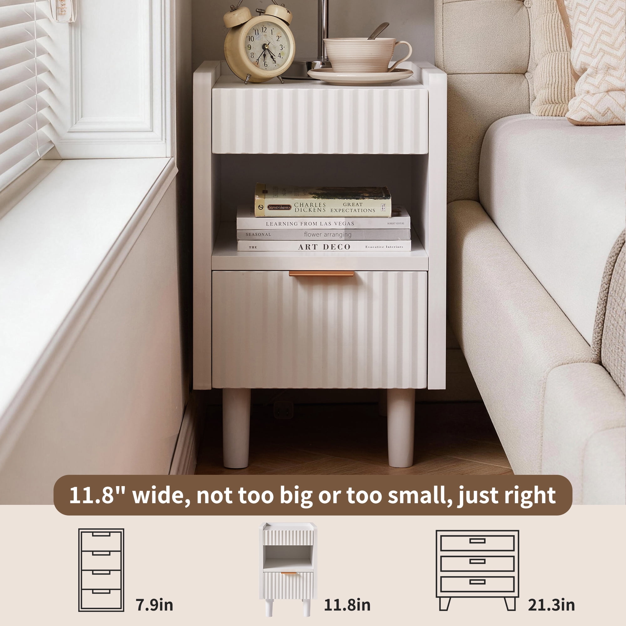 White Fluted Wood Nightstands with Drawer and Open Storage, 2 Pack Modern Bedroom Bedside Side End Tables for Living Room Home Decor