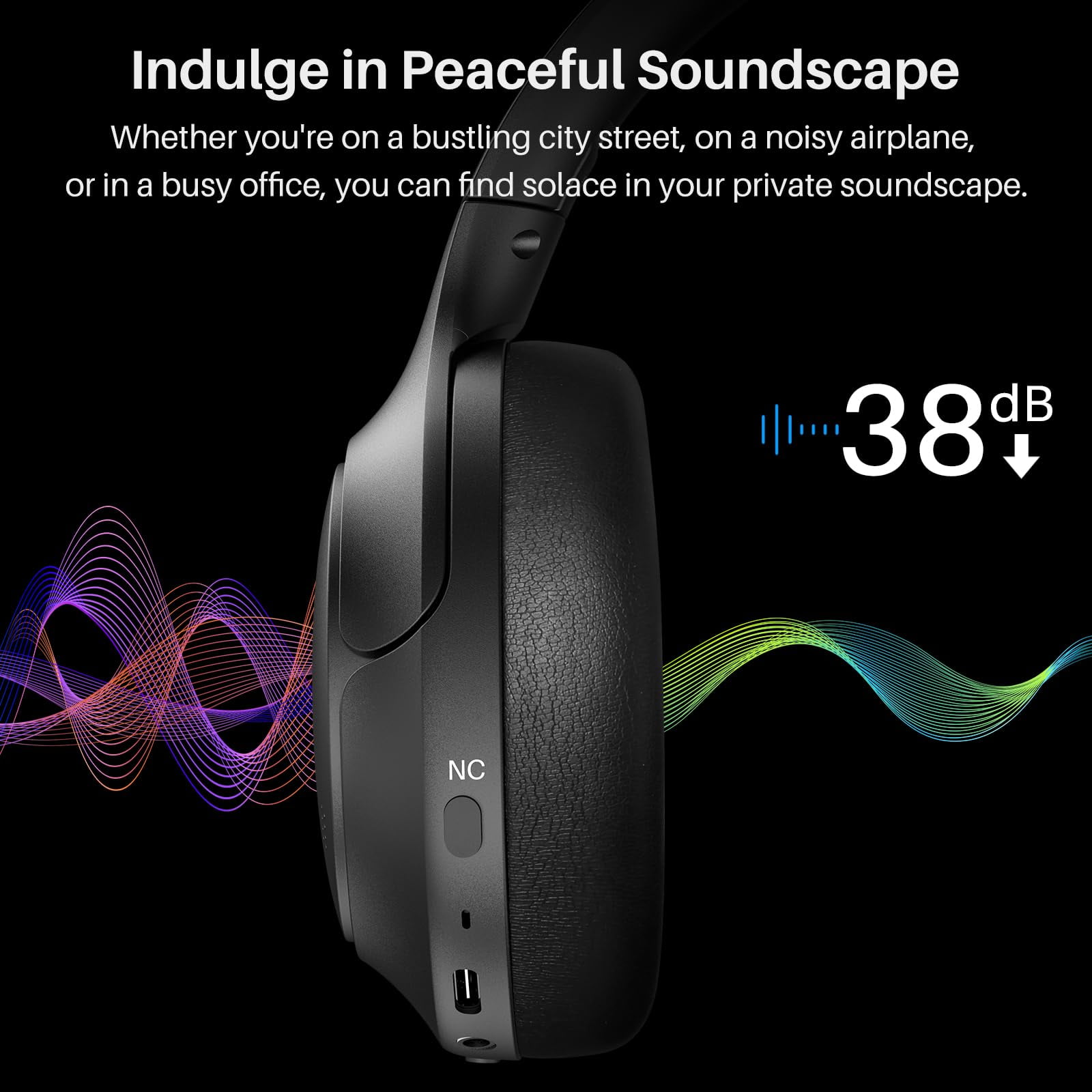 TOZO HT2 Hybrid Noise Cancel Headphones,60H Wire/Wireless Over Ear Bluetooth Headphones with ENC Mic,Hi-Res Audio,32EQ Modes,Foldable Adjustable Headband,AUX 3.5mm/USB-C,Comfort Earcup for Home,Black