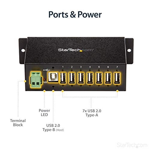 StarTech.com 7-Port USB 2.0 Hub - Metal Industrial USB-A Hub with ESD Protection & 350W Surge Protection - Din Rail, Wall or Desk Mountable - TAA Compliant USB Expander Hub (ST7200USBM)