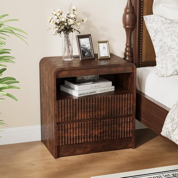 Modern Fluted Nightstand with Charging Station & 2 Drawers – Wood Bedside Table with USB, Type-C, AC Outlets & Open Shelf, Walnut End Table for Bedroom