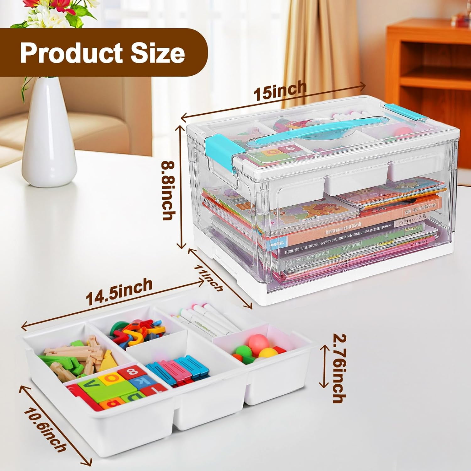 24QT Large Clear Plastic Craft Organizer with Removable Tray & Adjustable Dividers, Foldable Storage Box with Handles for Art Supplies, Toys, Sewing, Books, Crayons, and Medicine
