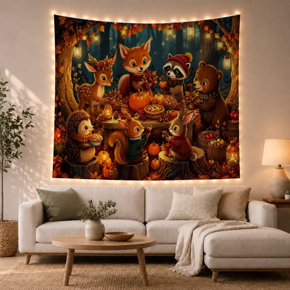 Woodland Animals Harvest Feast in a Twilight Forest, Whimsical Illustration for Nature Lovers, Cozy Autumn Wall Art, Thanksgiving Gift Tapestry Wall Hanging for Living Room and Bedroom