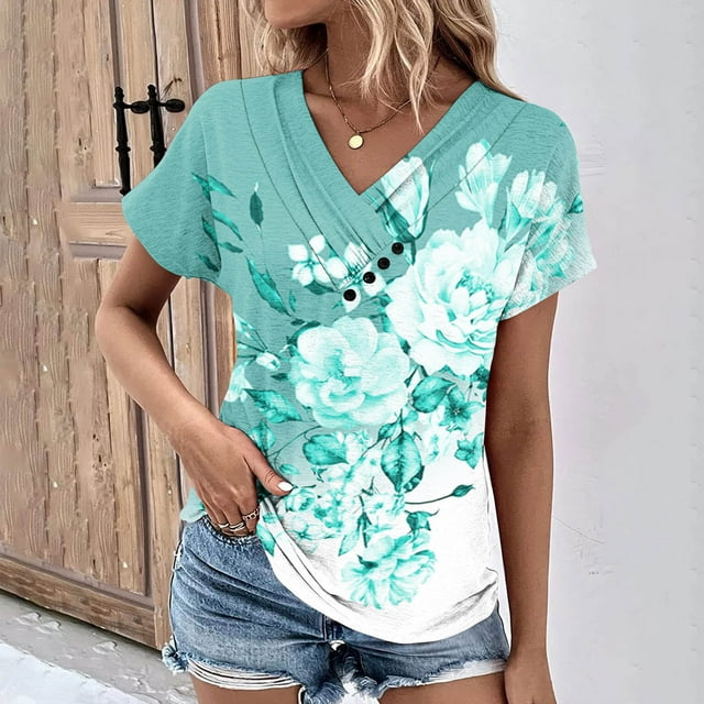 Fiudx Camisas para Mujer Top Informal de Primavera y Verano de Manga Corta con Cuello En V para Mujer