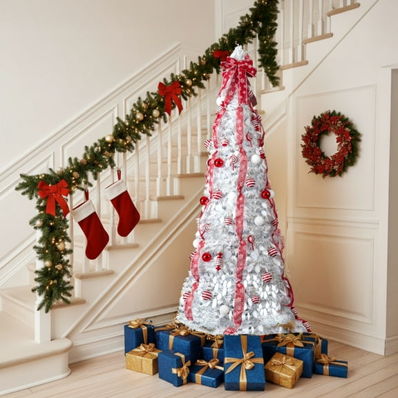 6FT Pop-Up Christmas Tree, Fully Decorated with 100 Warm White LED Lights, Versatile for Living Room, Entryway, Office