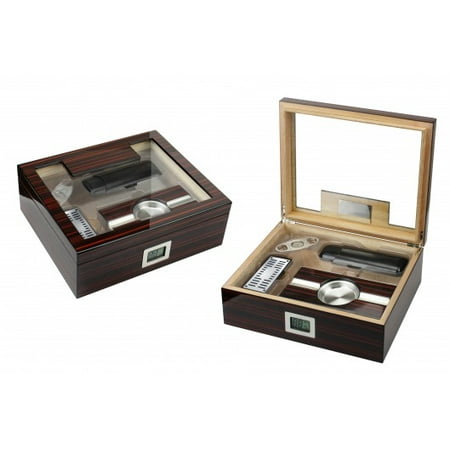 Kensington Cigar Humidor Gift Set w/ External Digital Hygrometer - Cherry Ebony Lacquer Finish - Capacity: