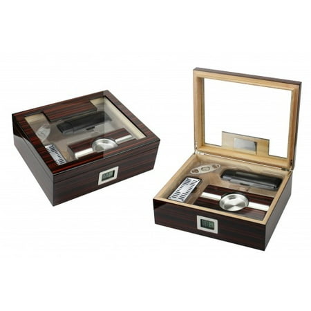 Kensington Cigar Humidor Gift Set w/ External Digital Hygrometer - Cherry Ebony Lacquer Finish - Capacity: (Best Digital Hygrometer For Cigar Humidor)