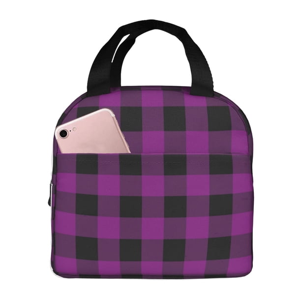 Easygdp Purple Black Plaid Bolsa Térmica Premium - Tela Oxford Impermeable, Gran Capacidad, Bolsillo Frontal, Unisex para Trabajo, Escuela, Actividades al Aire Libre y Picnics