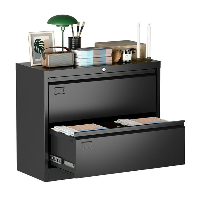 Pemberly Row 2-Drawer Steel Metal Lateral Locking Filing Cabinet w/ Lock - Black