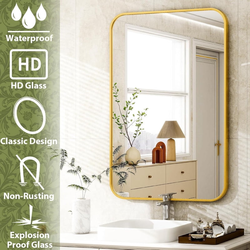 Clarvion 20"x28" Rounded Edge Rectangle Bathroom Mirror Wall Mounted Vanity Mirror,Gold