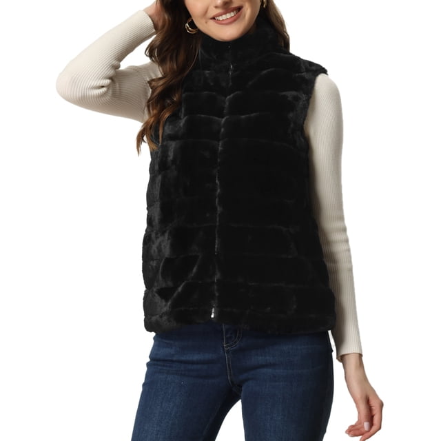 Chaleco Esponjoso para Mujer Abrigo de Piel Sintética sin Mangas con Cuello Alto Negro XL