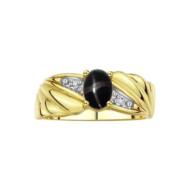RYLOS Bagues pour Femmes Bague Aile d'Ange en Or Jaune 14K Pierre de Naissance Pierre Précieuse 7X5MM et Diamants Saphir Étoilé Noir Bijoux pour Femmes Taille 8