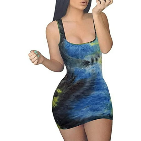 

FREE SHIPPING-camisole Women s Casual Summer Printed Sleeveless Mini Sexy Tight Tank Club Dress nightgowns for women lingerie valentines day birthday gifts Blue