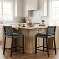 thumbnail image 4 of Guyou 26" Rattan Bar Stools Set of 2, Farmhouse Woven Wooden Counter Height Stools with Footrest, Leather Upholstered Bar Chairs for Kitchen Island, Pub & Bar, Black, 4 of 10
