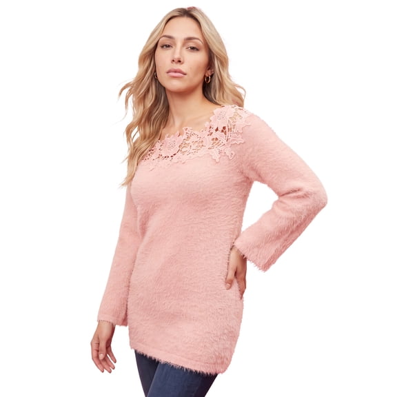 Roaman's Women's Plus Size Eyelash Lace Neck Sweater