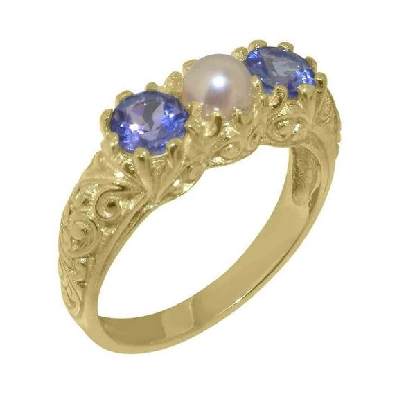 LBG British Made 9k Yellow Gold Cultured Pearl & Tanzanite Womens Statement Ring - 33 size options - Size 8