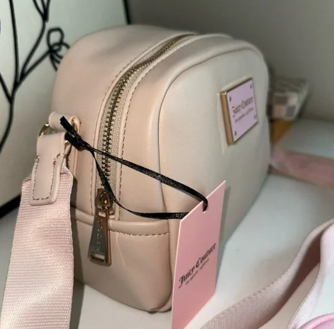 JUICY COUTURE PUFFED UP CROSSBODY SANDSTONE PURSE JC LOGO ON STRAP NWT