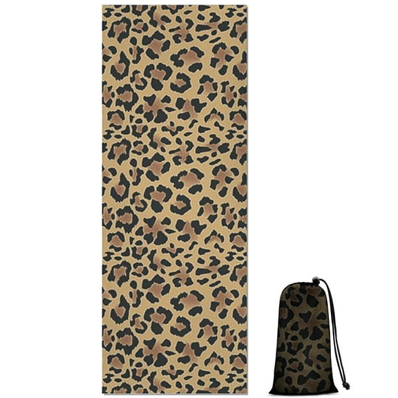 Brown and Black Leopard Print Hot Yoga Mat Towel Non Slip for Hot Yoga - Quick-Drying Yoga Mat Cover with 4 Corner Pockets with Travel Bag - Hot Yoga Towel Non Slip 70"x26"