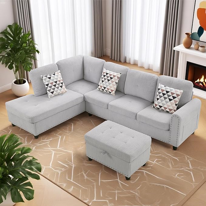 Gewnee 6 Seaters 94.49”L-Shaped Modular Sectional Sofa Couch ,Corduroy Fabric 2 Built-in Cup Holders with Storage Ottoman for Living Room