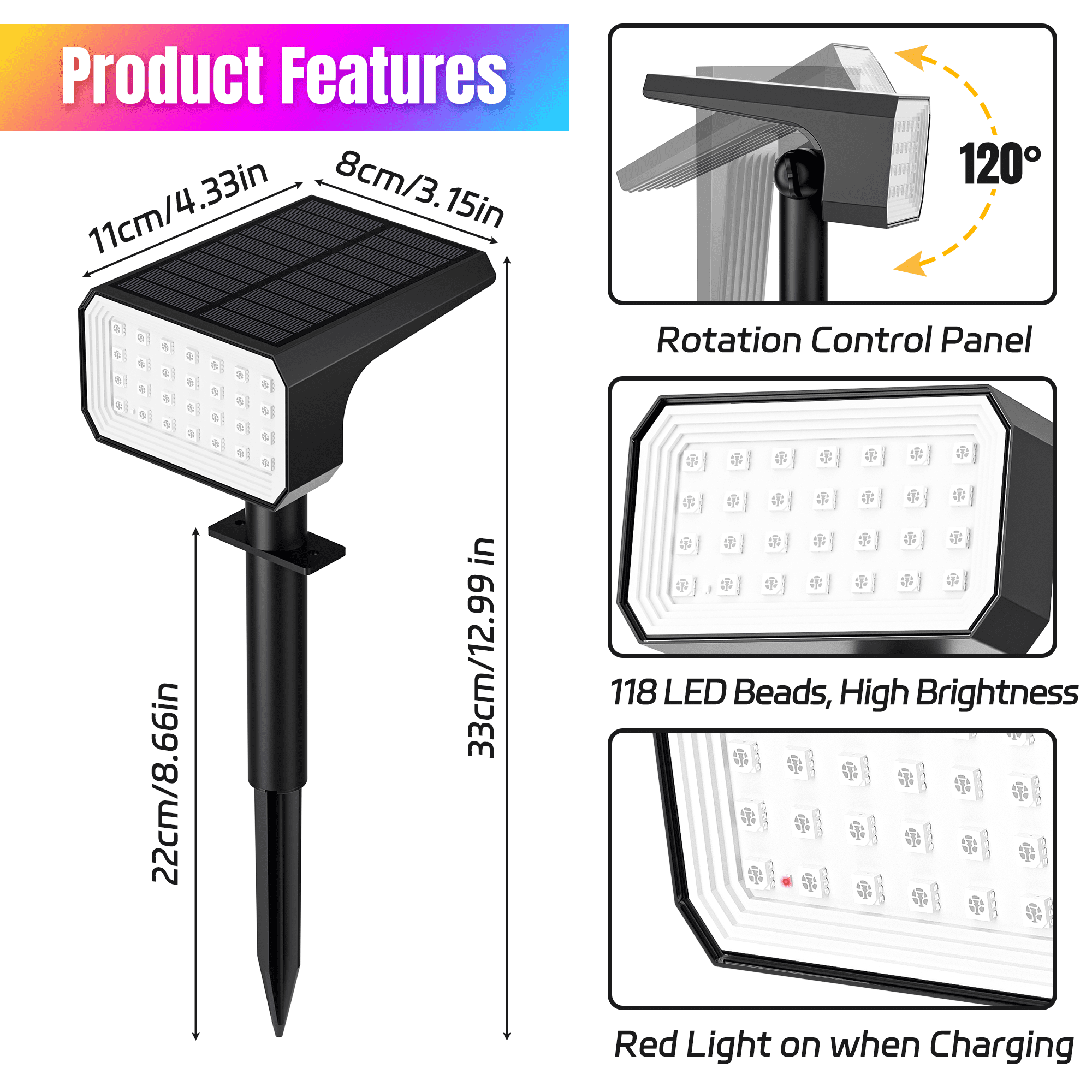 Flaow Solar Lights Outdoor,10 pack,IP65 Waterproof RGB Color Changing,Landscape Solar Spotlight,7 Modes, Dusk to Dawn for Garden, Yard, Patio, Driveway