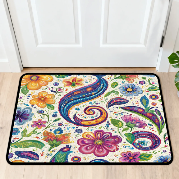 CURLYOOT Boho Floral Indoor Doormat, Non-Slip Absorbent Door Mat 24" x 16", Paisley Entrance Floor Mat Washable Entry Doormats for Entryway Front Back Door