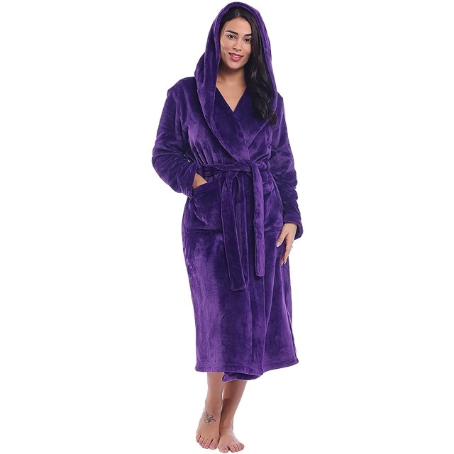 Women Plush Fleece Robe Long Warm Bathrobe Shawl Collar/Hood