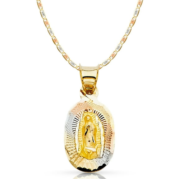 14K Tri Color Gold Diamond Cut Our Lady of Guadalupe Stamp Charm Pendant with 1.5mm Valentino Chain Necklace