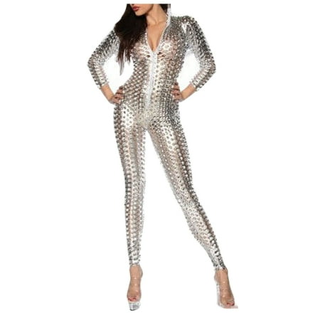 

Women s Sexy Leather Bodysuit Romper Fashion Zipper Hollow One-Piece Deep-V Lingerie Clubwear Teddy Bodycon Jumpsuit