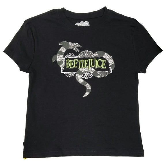 Womens (Jrs) Black Tight Fit Semi-Crop Beetlejuice Halloween Tee Shirt X-Small