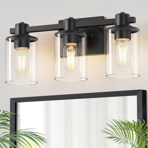 YANSUN 3-Light Black Bathroom Vanity Light, Modern Over-Mirror Fixture with Clear Glass Shades