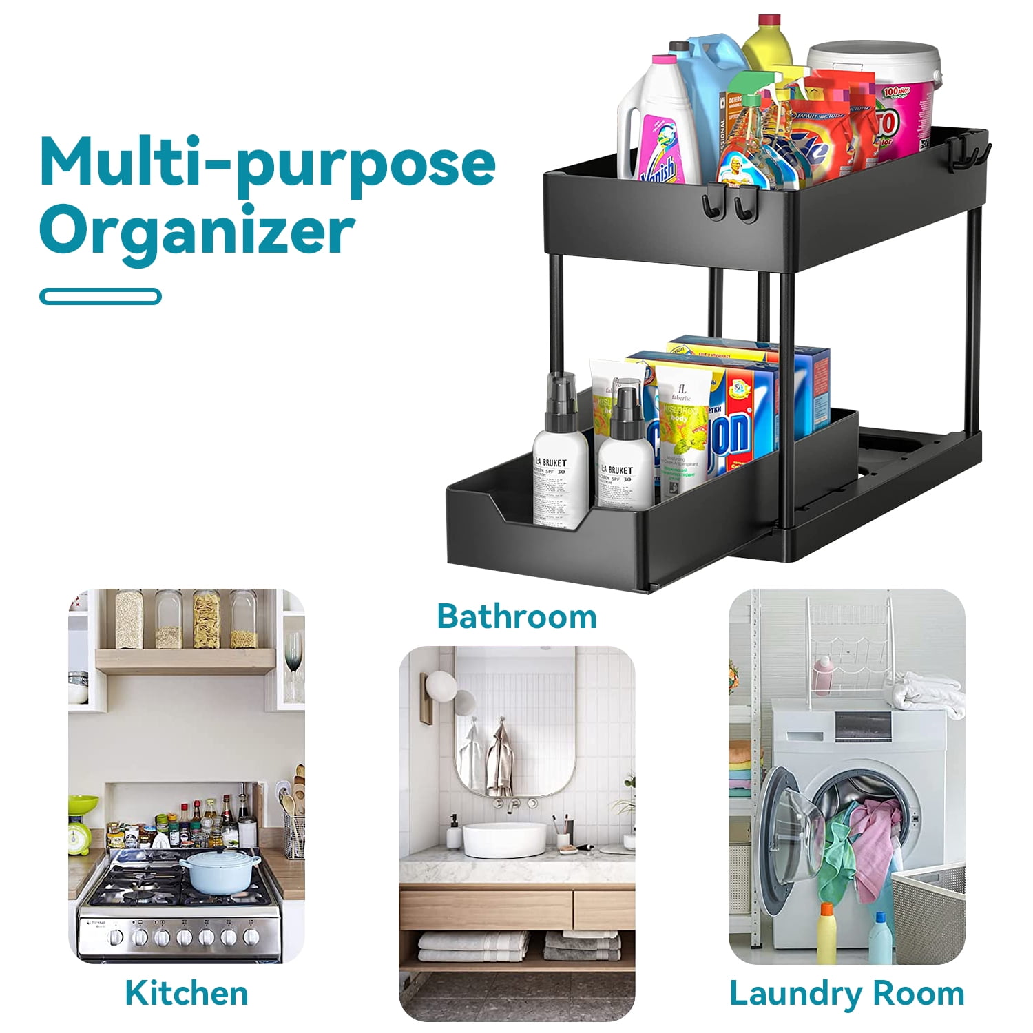 Durmmur Under Sink Organizers with Wheels & Hooks, Slide Out Multi-Purpose  2 Tier Bathroom Organization Countertop or Undersink Shelf Storage, Kitchen