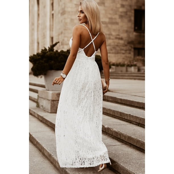 ABPHQTO Vestido largo de fiesta con espalda abierta y encaje floral blanco para mujer
