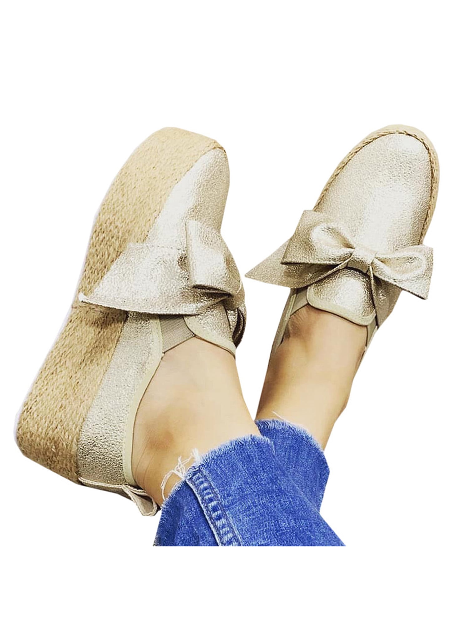 women's bow high top platform loafers wedge casual slip on striped shoes