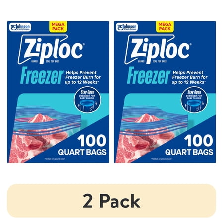 (2 pack) Ziploc Freezer Quart Food Storage Bags, School Supplies, Stay Open Design, Grip 'n Seal Technology, Zipper, 100 Count
