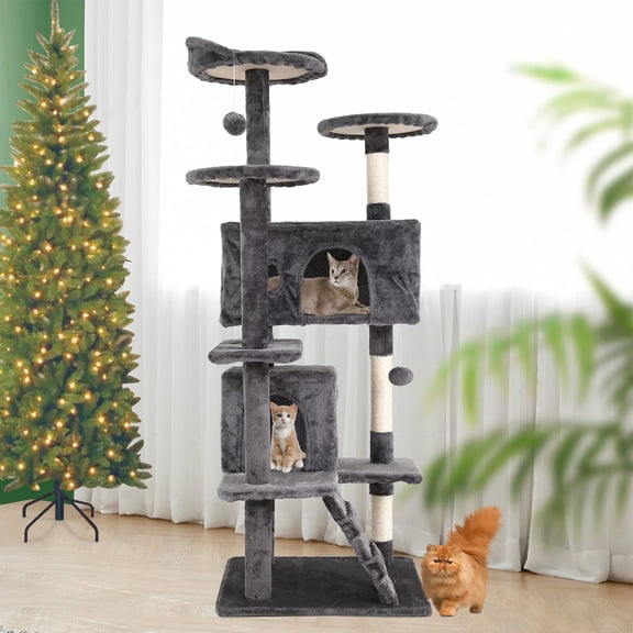 NiamVelo 54-in Double Condo Cat Tree Tower Playhouse with Scratching Post & Perch for Indoor, Light Grey