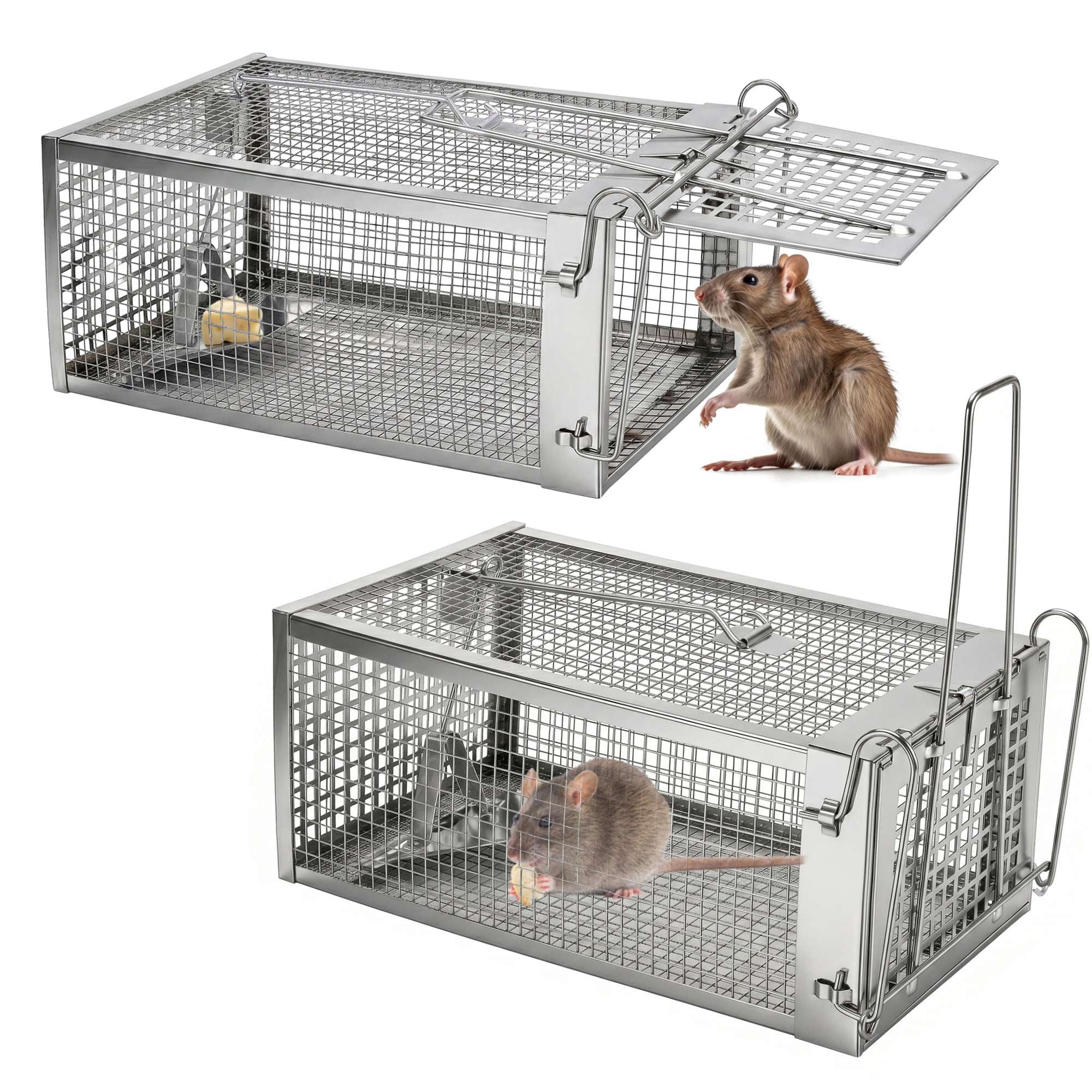 Gustave 2Pcs Rat Trap Cage Humane Mouse Traps Animal Pest Mouse Control Bait Catch - 11x5.5x4.3 inch