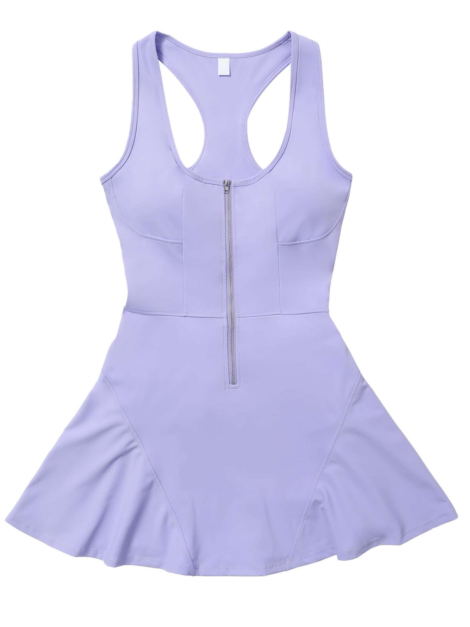 Deago Women's Zip Front Tennis Dress with Built-in Bra & Shorts Square Neck Racerback Sleeveless Workout Golf Dresses (Purple, S)