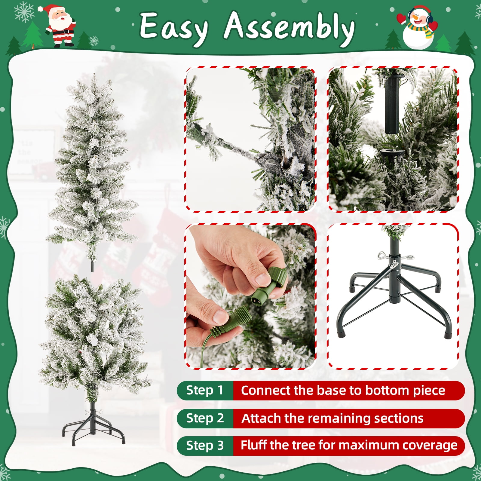 CONCETTA 7.5ft Snow Flocked Pencil Christmas Tree, Prelighted Artificial Christmas Trees with 350 Incandescent Lights, 860 Branch Tips & Foldable Base for Home, Office, Party