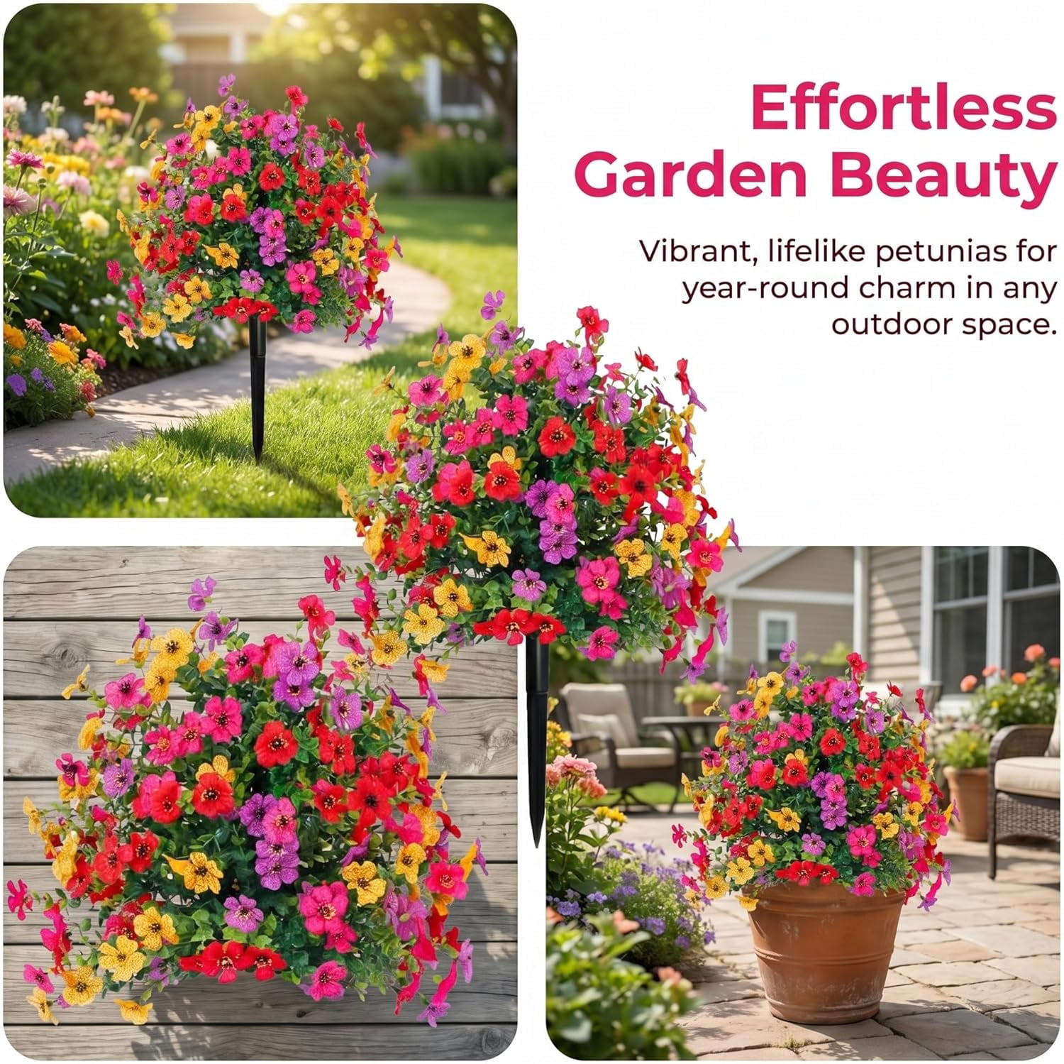 Artificial Flowers for Outdoors 24" Artificial Petunias with Ground Stake, UV Resistant Waterproof Lifelike Faux Flowers Decor for Garden Yard Patio Porch Home (Multi-Color (2 Pack))