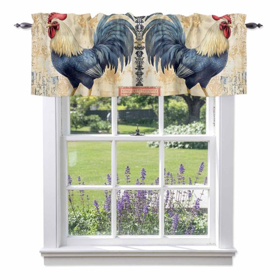 Farmhouse Retro Rooster Valances for Windows,Kitchen Valance Rod Pocket Short Curtain, Watercolor Country Chicken Valance Curtain Window Valances for Bedroom Bathroom Living Room